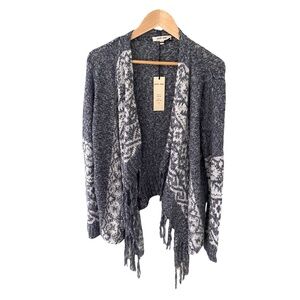 Pink Rose Gray and White Knit Fringe Cardigan